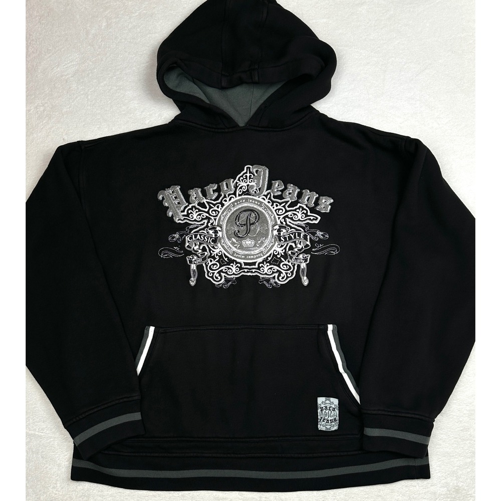 Vintage Paco Jeans Mens XL Black Embroidered Graphic Crest Hoodie Y2K Streetwear